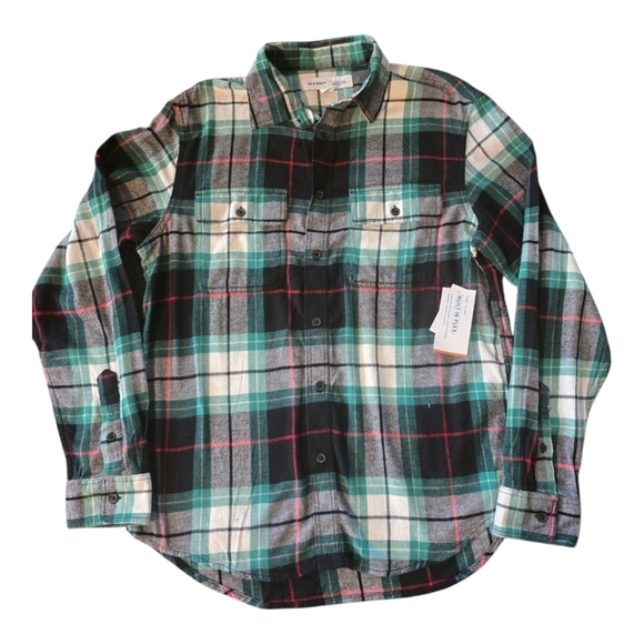 Old Navy Flannel Flex Shirt Women M Plaid Mixed Print Button Up Long Sleeve New - Picture 1 of 14